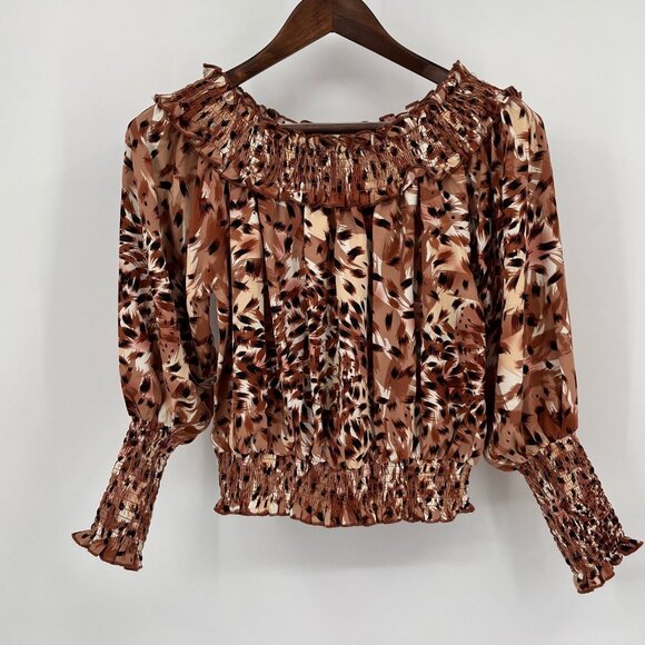Patrizia Luca Smocked Blouse Size S Brown Animal Print Ruffle Long Sleeve Top - Picture 3 of 8